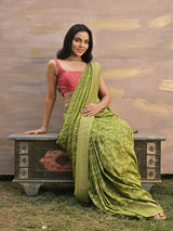 EESHA - GREEN VISCOSE SAREE WITH ALL-OVER FLORAL JAAL