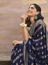 ZAARA - NAVY BLUE VISCOSE SAREE WITH DIAGONAL STRIPS PATTERN AND BUTTI