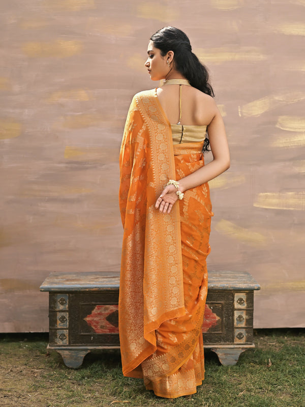 MYRA - Orange VISCOSE SAREE WITH ALL OVER FLORAL JAAL  AND BUTTA
