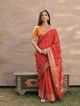ZAINA - RED CREPE SAREE WITH STRIPES AND FLOWER BUTTI