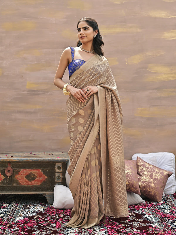 HARINI - LIGHT BROWN VISCOSE SAREE WITH JAAL AND BUTTI