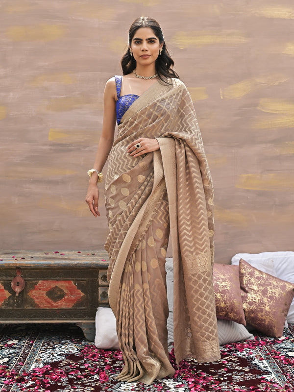 HARINI - LIGHT BROWN VISCOSE SAREE WITH JAAL AND BUTTI
