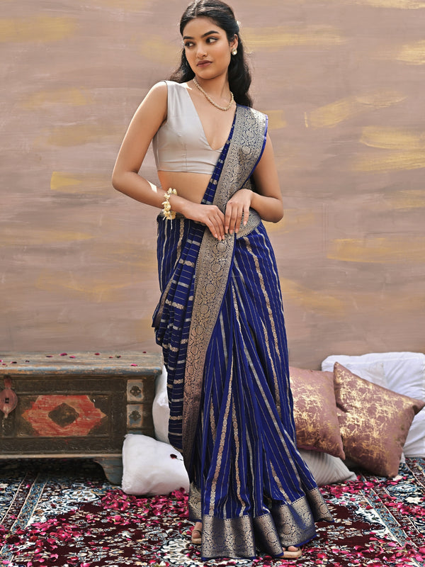 navy blue striped crepe saree