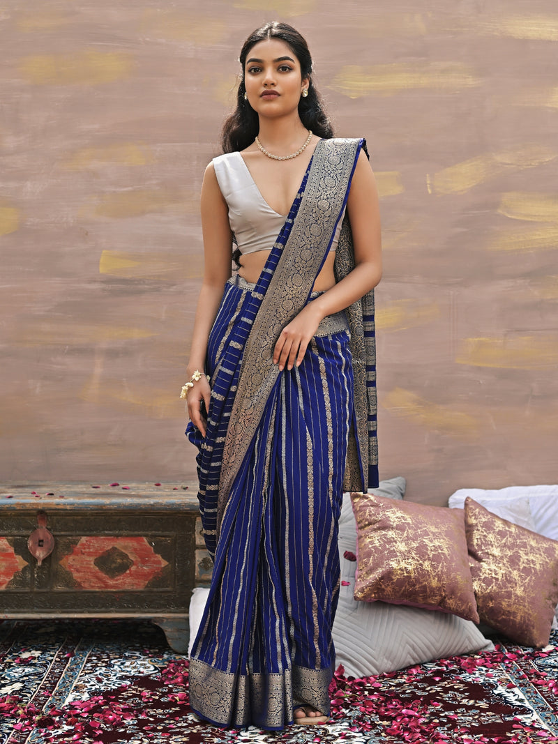 ZOYA - NAVY BLUE CREPE SAREE WITH STRIPES