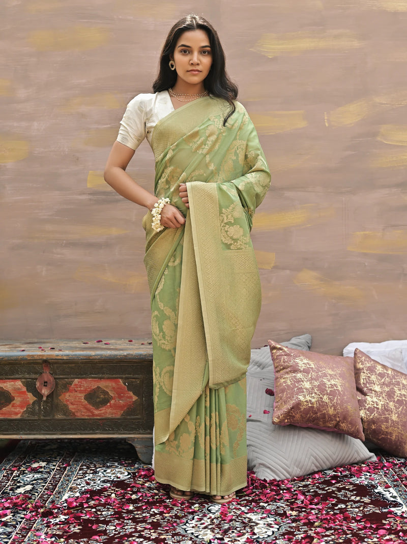 KIANA - Green VISCOSE SAREE WITH ALL OVER FLORAL BUTTA JAAL