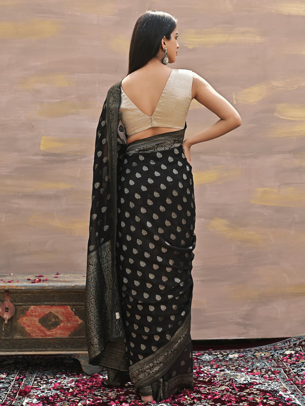 VAANI - BLACK VISCOSE SAREE WITH OVERALL BUTTA