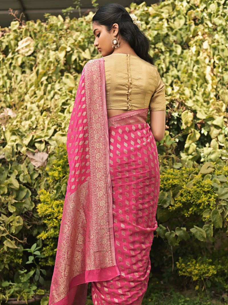 LATIKA - HOT PINK VISCOSE SAREE WITH FLOWER BUTTIES