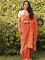 HANSIKA - CARROT RED VISCOSE JAAL SAREE WITH CHECKS