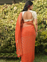 HANSIKA - CARROT RED VISCOSE JAAL SAREE WITH CHECKS