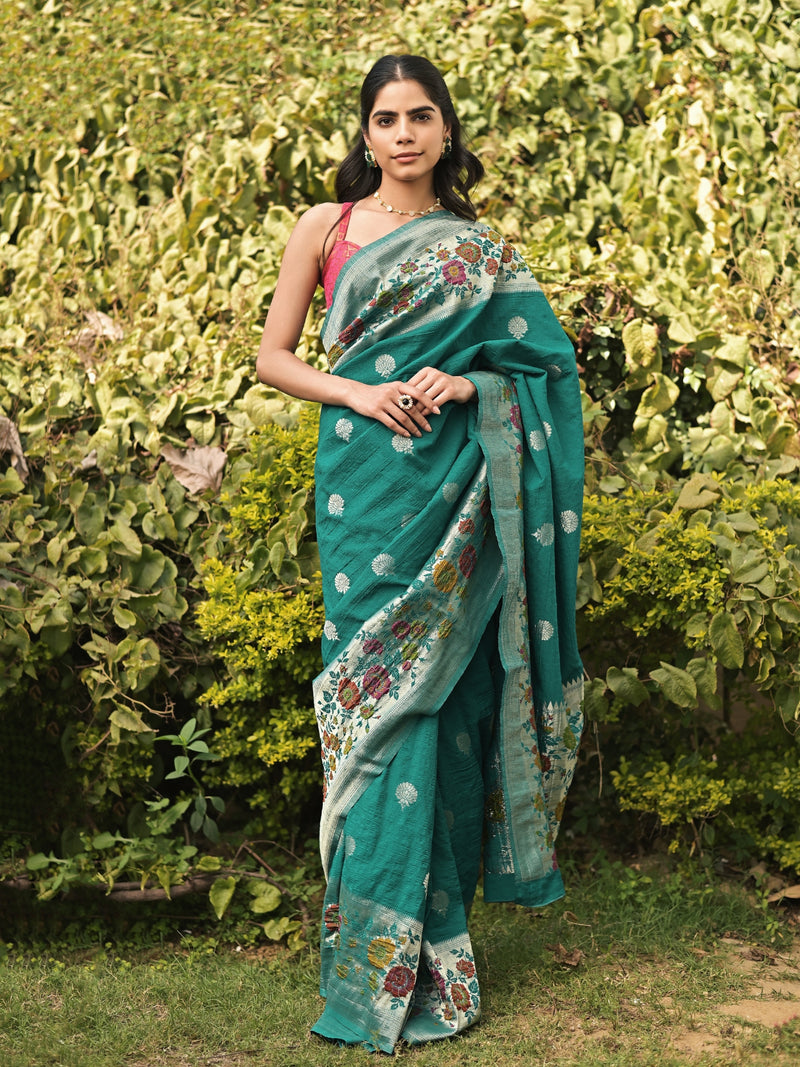 ASHNI - PEACOCK BLUE VISCOSE SAREE OVERALL BUTTI WITH COLOURFUL FLORAL BORDER