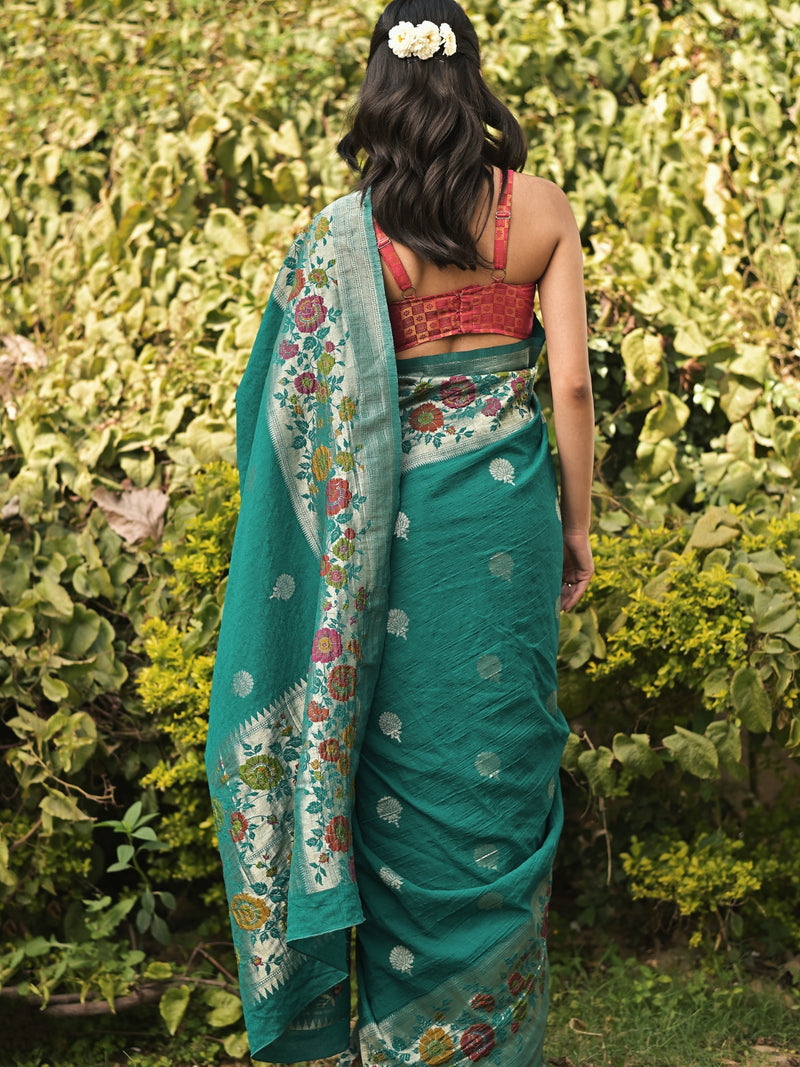 ASHNI - PEACOCK BLUE VISCOSE SAREE OVERALL BUTTI WITH COLOURFUL FLORAL BORDER