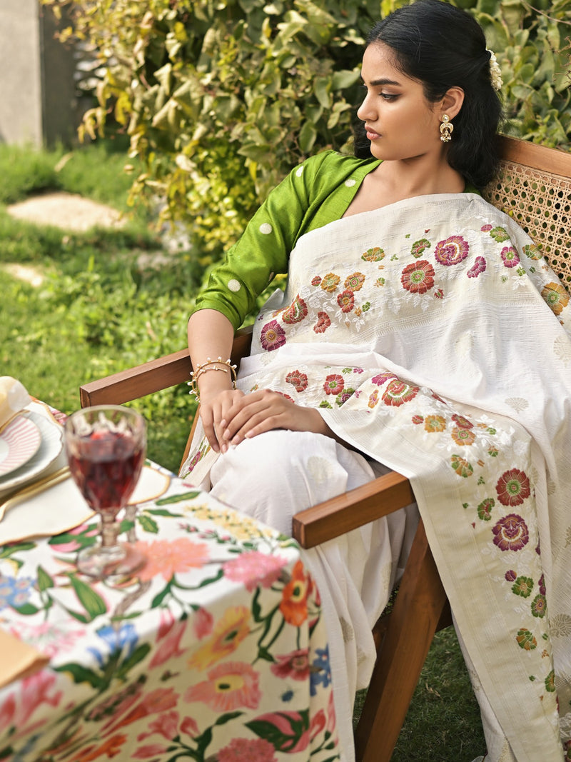 ELINA - OFF WHITE VISCOSE SAREE OVERALL BUTTI WITH COLOURFUL FLORAL BORDER
