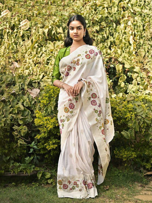 ELINA - OFF WHITE VISCOSE SAREE OVERALL BUTTI WITH COLOURFUL FLORAL BORDER