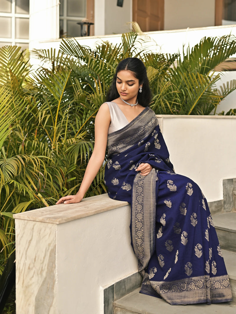 AARINI - NAVY BLUE VISCOSE SAREE WITH OVERALL BUTTA