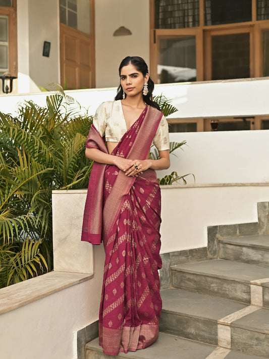 TANAISHA - WINE VISCOSE SAREE WITH DIAGONAL STRIPS PATTERN AND BUTTI