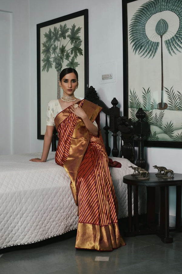 red and gold silk tissue saree