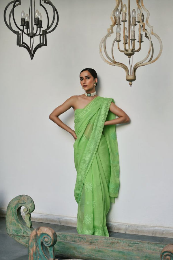 green organza embroidered saree