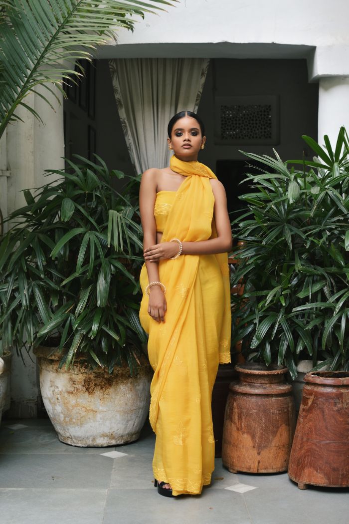 Yellow Embroidered Organza Saree
