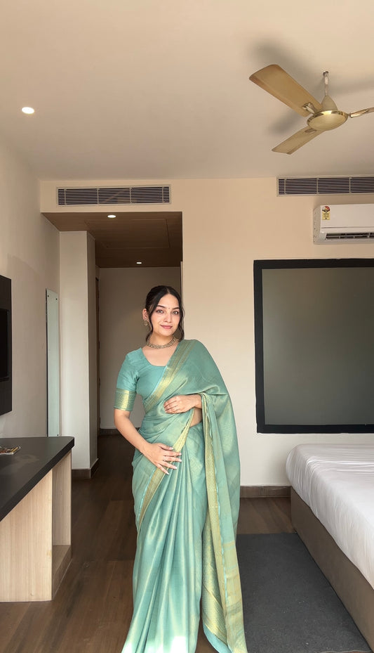 Teal Green Viscose Saree with Golden Zari Work