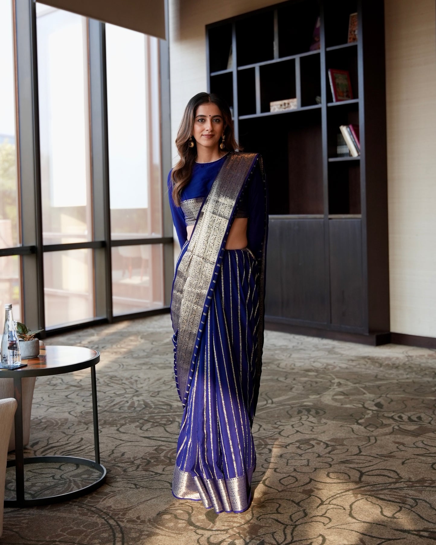 Navy blue crepe saree with stripes