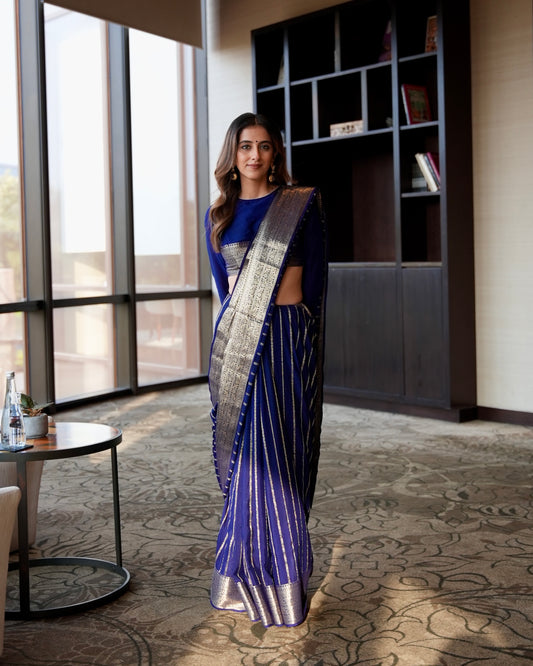 Navy blue crepe saree with stripes