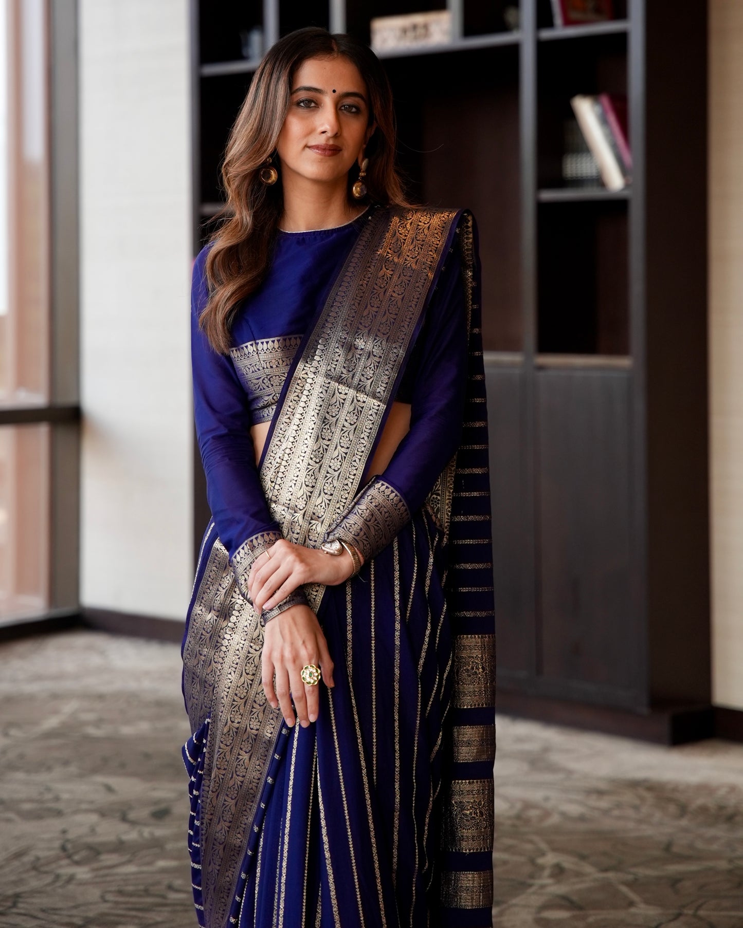 Navy blue crepe saree with stripes