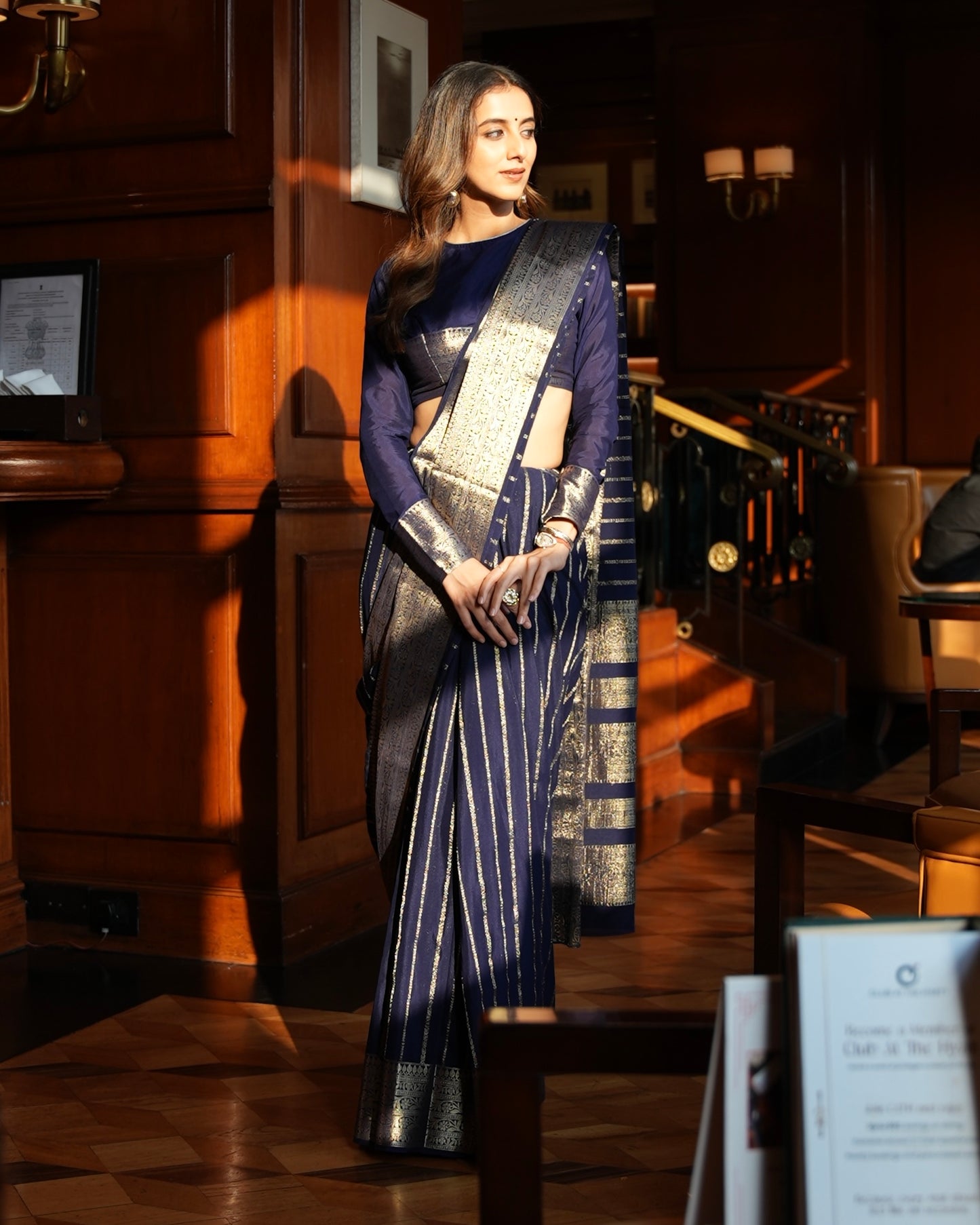 Navy blue crepe saree with stripes