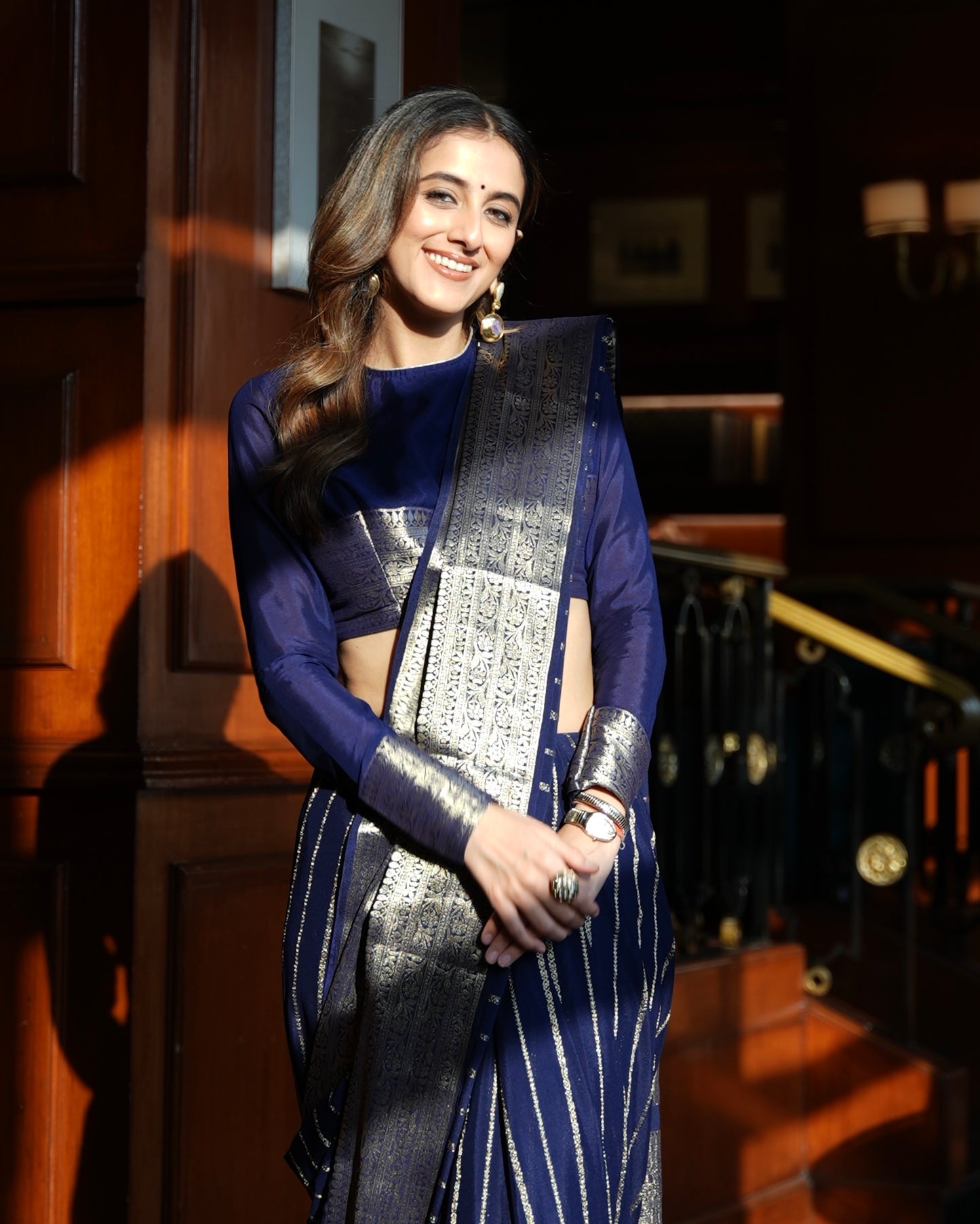 Navy blue crepe saree with stripes