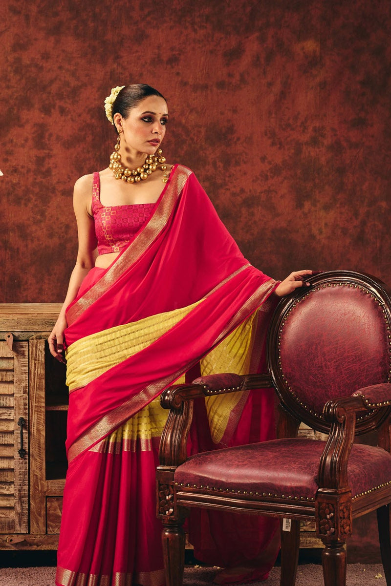 Two-Tone Crepe Jacquard Saree with Striped Weave & Gold Border