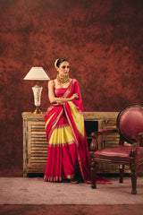 Two-Tone Crepe Jacquard Saree with Striped Weave & Gold Border