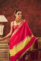 Two-Tone Crepe Jacquard Saree with Striped Weave & Gold Border