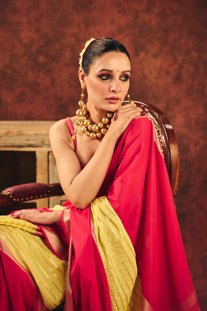 Two-Tone Crepe Jacquard Saree with Striped Weave & Gold Border