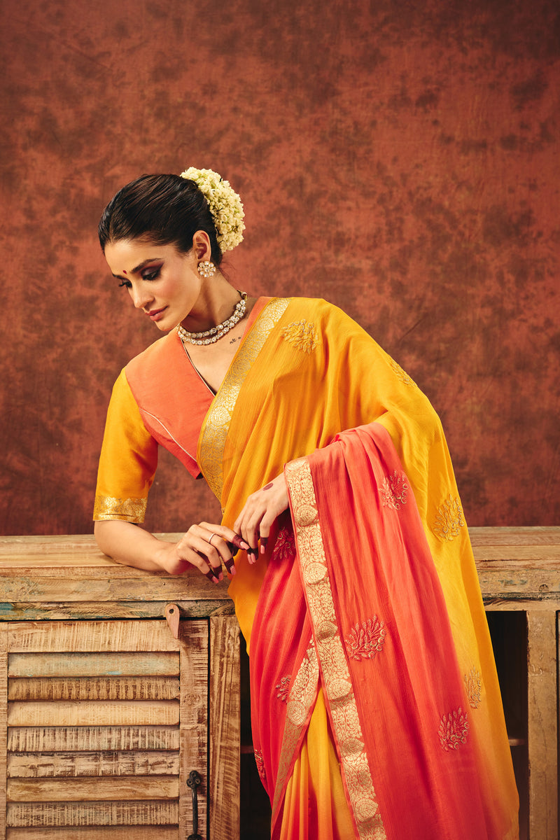 Ember Glow Embroidered Chiffon Saree