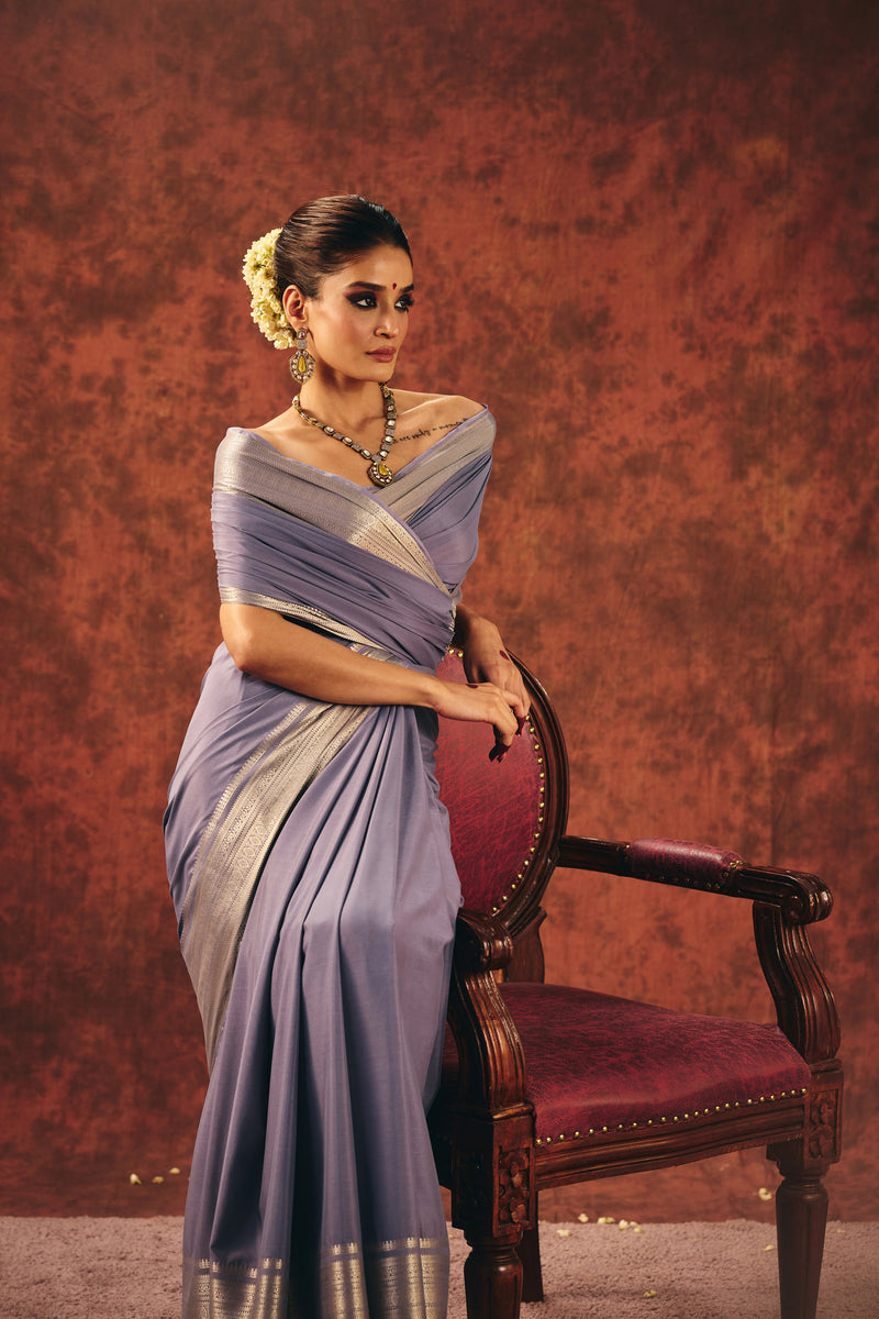 Lavender Chiffon Saree with Silver Zari Border