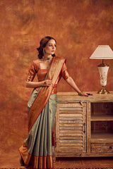 Sage Green Banarasi Silk Blend Saree with Gold Zari Brocade Border