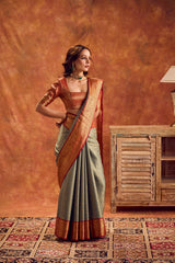 Sage Green Banarasi Silk Blend Saree with Gold Zari Brocade Border