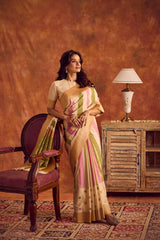 Pastel Viscose Saree with Gold Zari Border & Striped Design