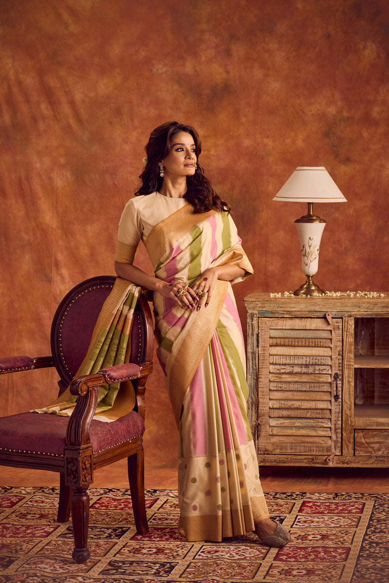 Pastel Viscose Saree with Gold Zari Border & Striped Design