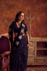 Black Viscose Saree with Gold Motifs, Satin Border & Weaved Tiger Jacquard