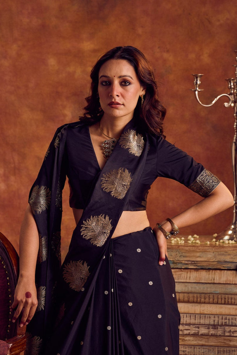 Black Viscose Saree with Gold Motifs, Satin Border & Weaved Tiger Jacquard