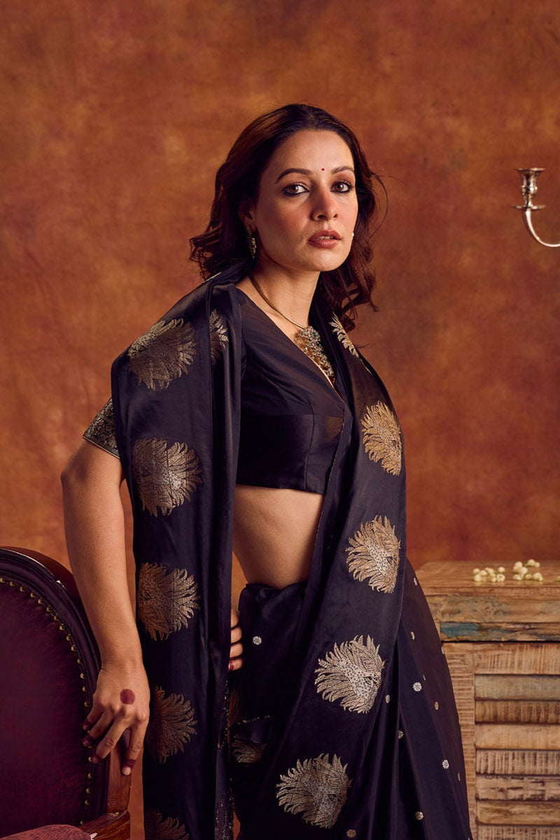 Black Viscose Saree with Gold Motifs, Satin Border & Weaved Tiger Jacquard