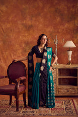 Black Viscose Saree with Gold Motifs, Satin Border & Weaved Tiger Jacquard