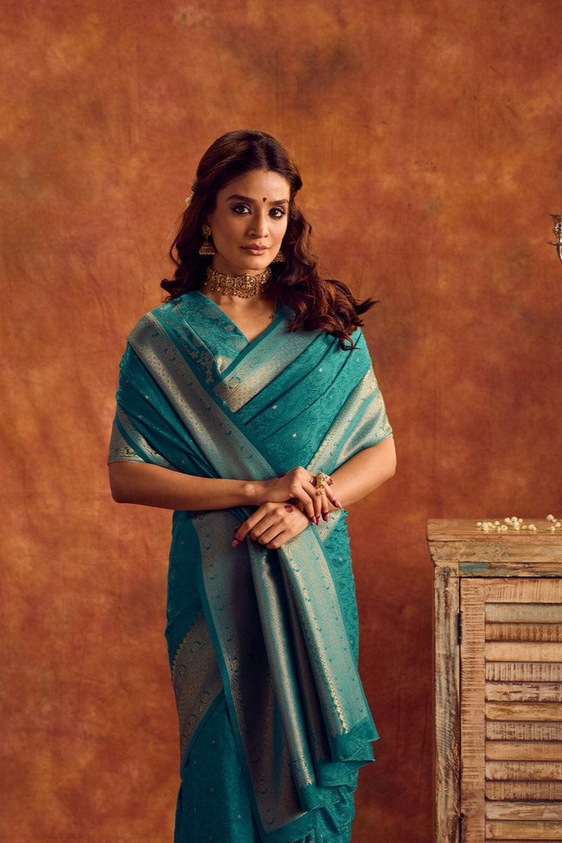 Teal Blue Viscose Jacquard Saree with Gold Border