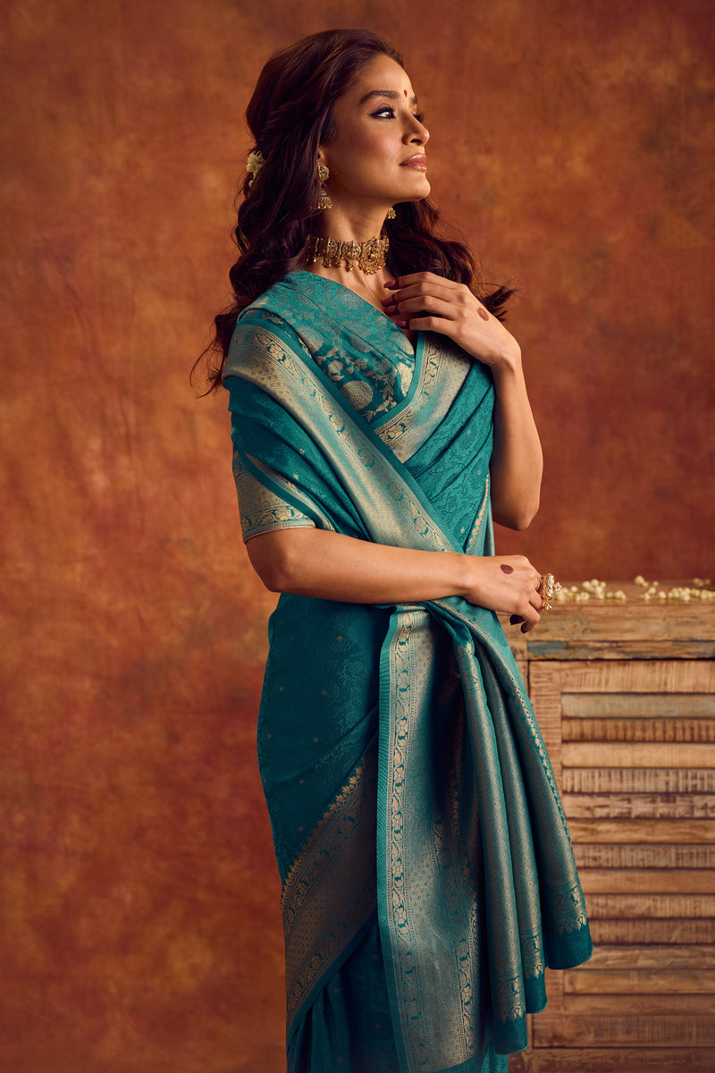 Teal Blue Viscose Jacquard Saree with Gold Border