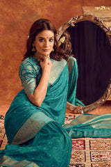 Teal Blue Viscose Jacquard Saree with Gold Border