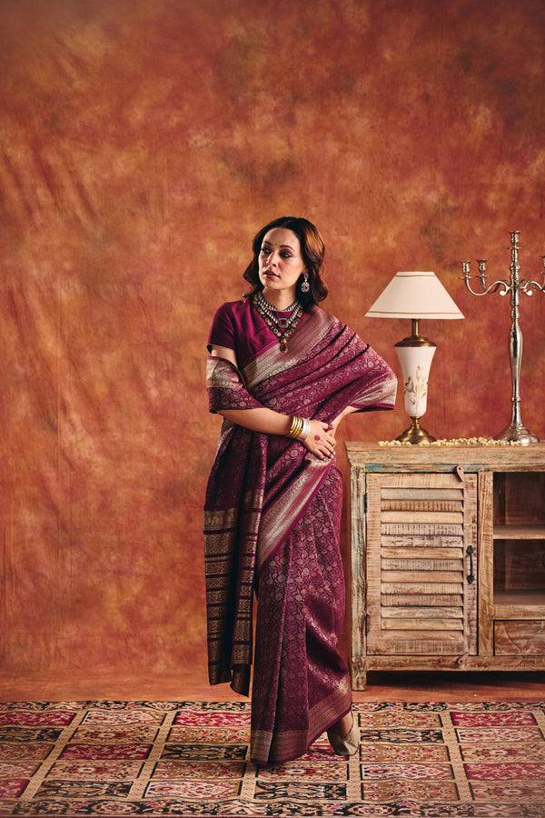 Wine Viscose Jacquard Saree with Zari Border