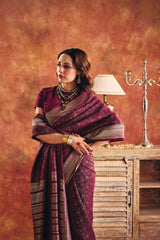 Wine Viscose Jacquard Saree with Zari Border