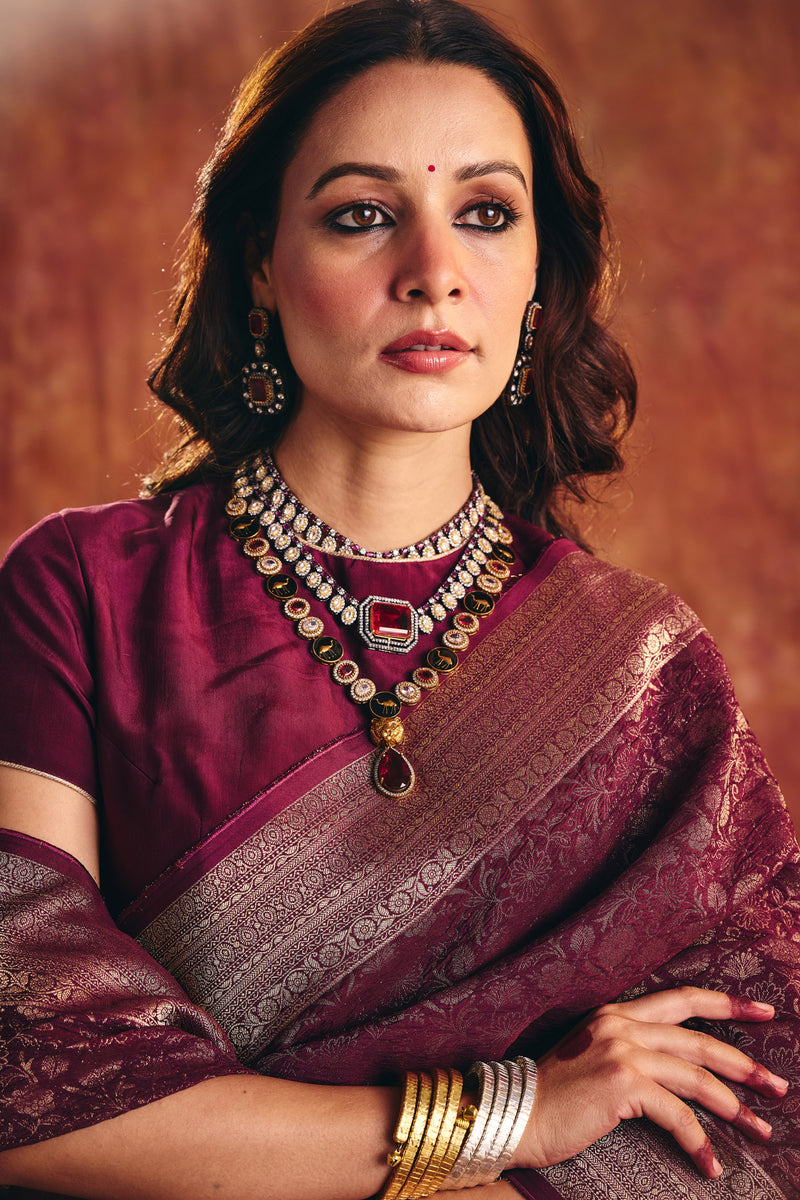 Wine Viscose Jacquard Saree with Zari Border