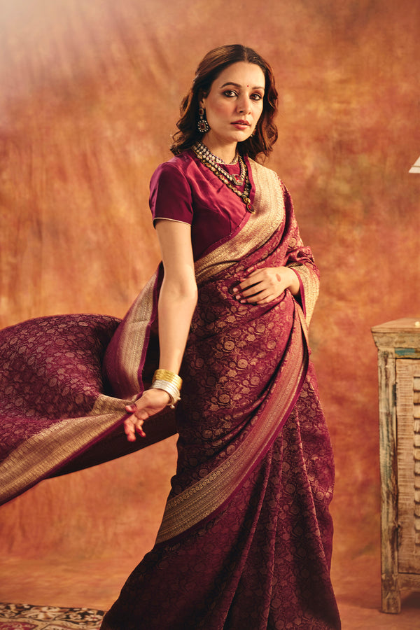 Wine Viscose Jacquard Saree with Zari Border