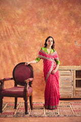 Printed Satin Jacquard Saree with Gold Zari Detailing